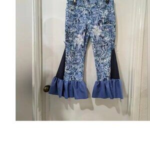 Stylish Blue Patterned Upcycled Refashioned Flared Bottoms Jeans Woman's Size 6